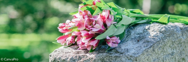 ein Strauß rosa Blumen auf einem Grabstein