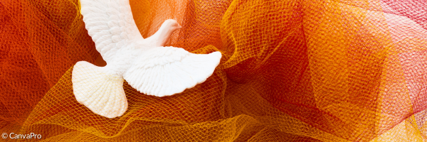 eine weiße Taubenskulptur auf einem orangefarbenen Tuch