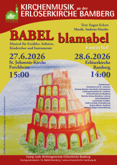 Ein Plakat mit Rot- und Gelbtönen, darauf eine Buntsstiftzeichnung vom Turm zu Babel