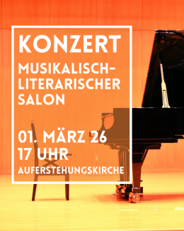 ein Klavierflügel mit Hocker vor orangenem Hintergrund