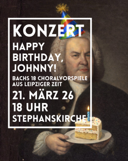 ein Portrait Johann Sebastian Bachs, er trägt einen bunten Papphut und hält ein Stück Geburtstagstorte