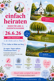 ein bunter Flyer zu einfach heiraten mit Bäumen und Blumen