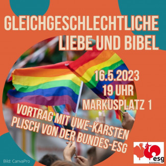 Plakat Vortrag "Gleichgeschlechtliche Liebe und Bibel" in der ESG Bamberg am 16.5. um 19 Uhr