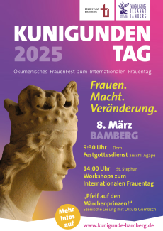 Ein Plakat für den Kunigundentag 2025. Darauf der Kopf einer Statue von Kaiserin Kunigunde. Der Hintergrund ist pink und violett. Informationen auf dem Plakat stehen im Artikel.