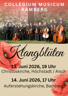 ein Orchester mit Instrumenten, zum Gruppenbild aufgestellt, dazu Mohnblüten in Großaufnahme
