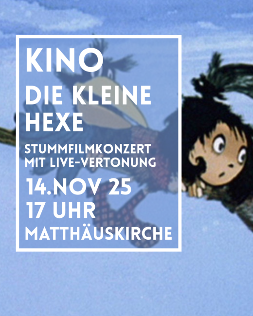 zwei Comicfiguren: eine kleine Hexe und ein Rabe auf einem fliegenden Besen