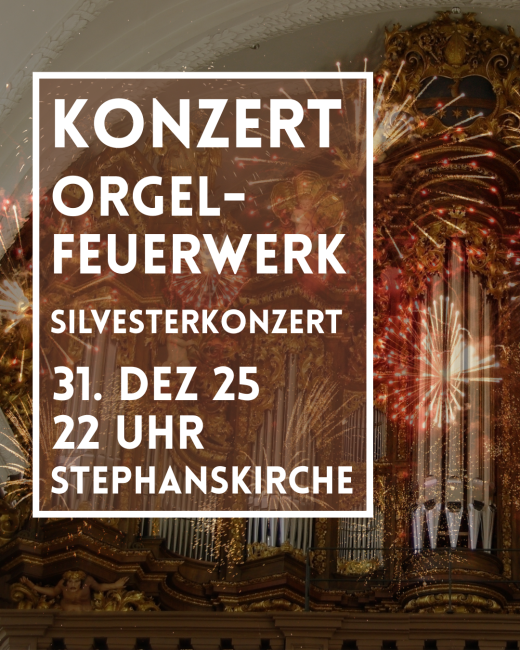 die Mühleisenorgel der Bamberger Stephanskirche, darüber eingeblendet Feuerwerkexplosionen