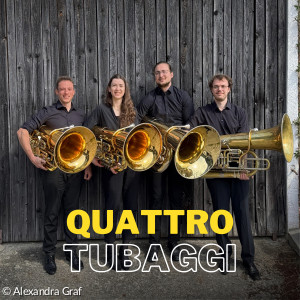 vier Tubist:innen, die ihre Instrumente in die Kamera halten